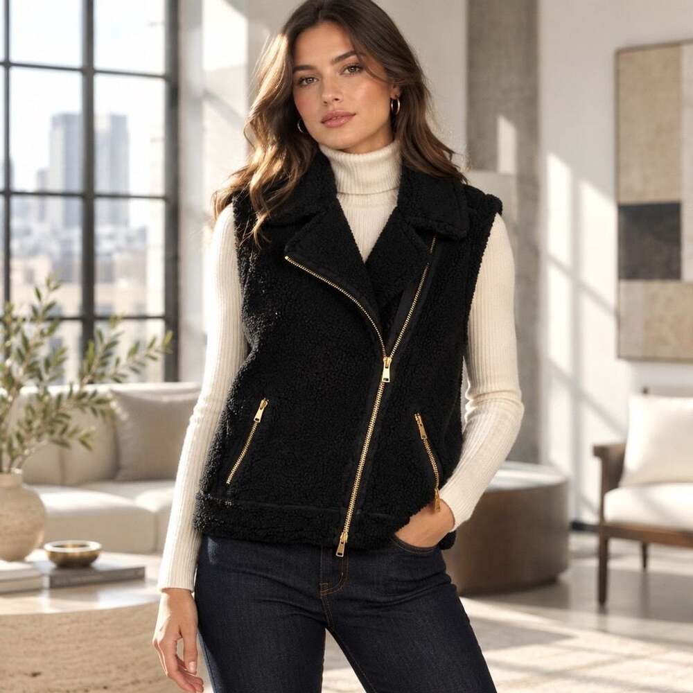 Lauren Ralph Lauren Faux Shearling Moto Vest Size S Black Sherpa Asymmetrical